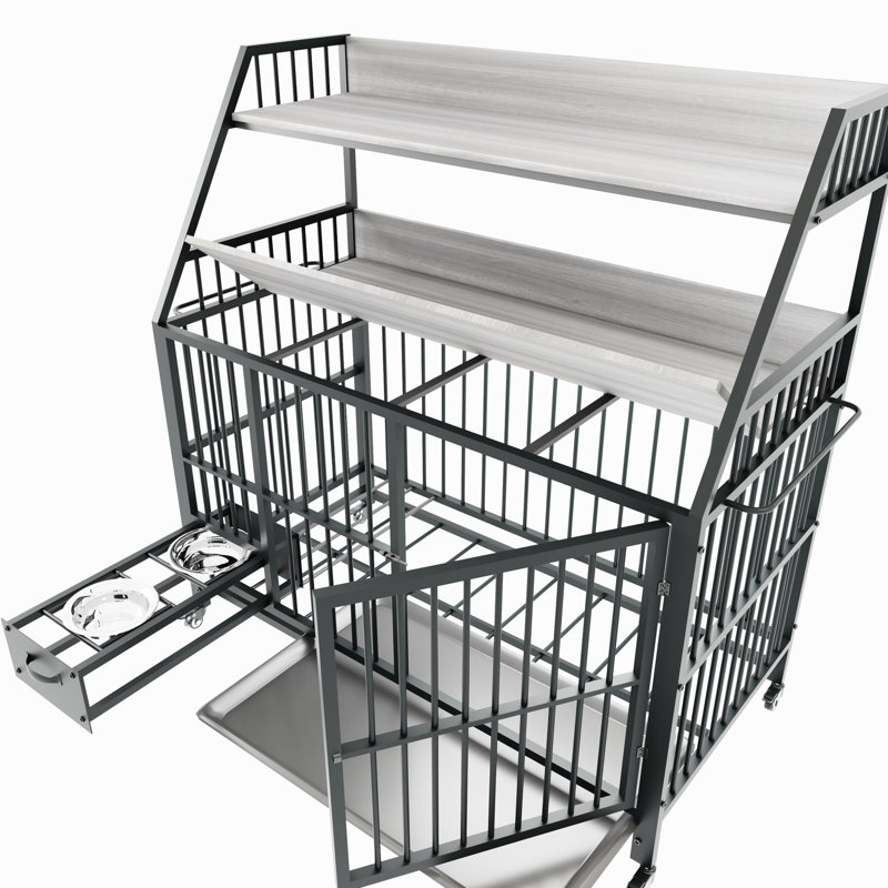 Cage pour animaux avec structure en fer, tiroirs de rangement, 34,52 po Profondeur, 49,53 po de hauteur, lavabos en acier inoxydable noir, hauteur, largeur 22,91 po,