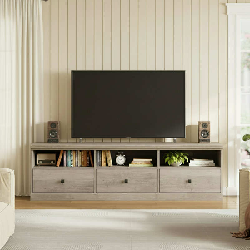 TV Console, With Open Shelves And Storage Drawer, Grey