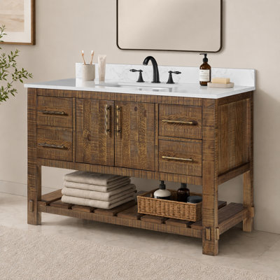 Meuble-lavabo Farmhouse de 48 po avec lavabo, bois massif, 4 tiroirs, 2 portes à fermeture douce, tablette de rangement ouverte, comptoir et dosseret en marbre 0,79 po, brun rustique