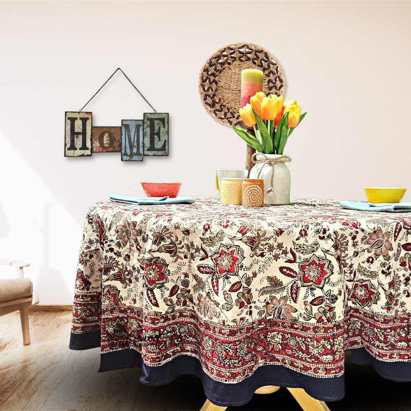 Floral Block Print Cotton Round Tablecloth