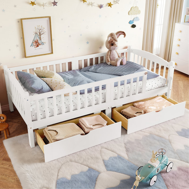 Lit plateforme simple TG avec garde-corps pleine longueur, lit plateforme pour enfants avec tiroirs de rangement, tête de lit enfantine et mignonne