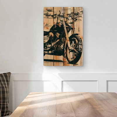 Motorcycle on Wood Background | Brown Transportation Metal Print