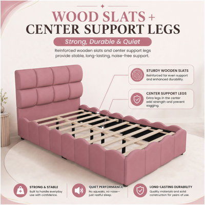 Lit plateforme double entièrement recouvert de velours avec tête de lit haute, sommier à lattes en bois, montage facile, rose, sans sommier tapissier