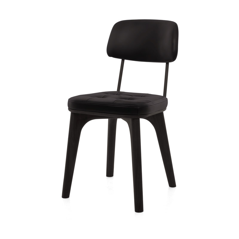 Utility Leather Dining Chair, Bellagio Black with Natural Walnut