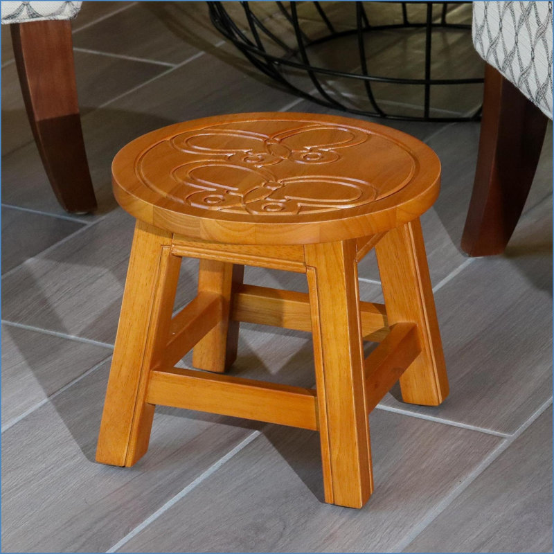 Ottoman Step Stool, Solid Rubberwood Whimsical Carved Butterfly, Natural | Wood | Walnut Brown, Natural