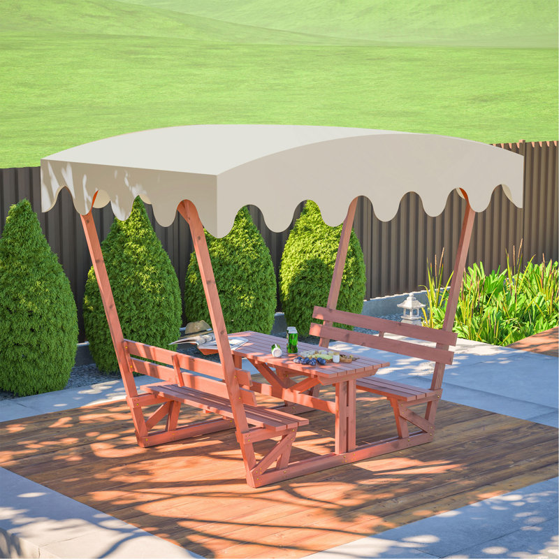 Ensemble de table de pique-nique et de banc d'extérieur en bois massif imperméable avec auvent amovible - Convient aux patios, aux jardins, aux terrasses, aux parcs et aux plages