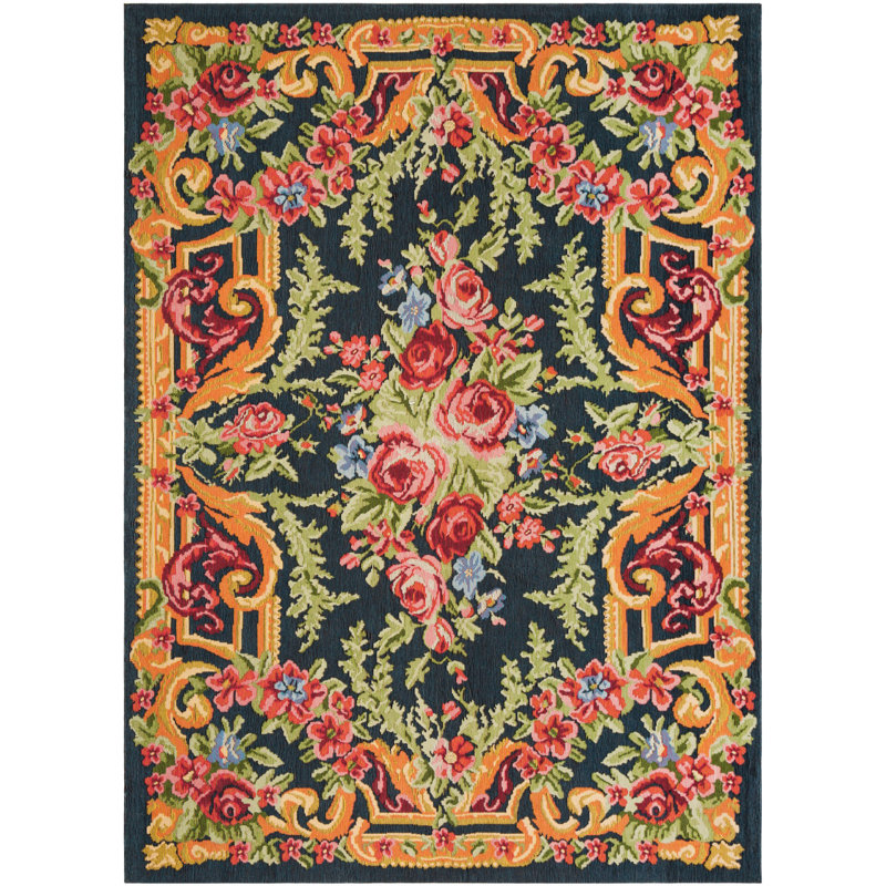Classic Vintage Black and Rose Floral 4' x 6' Cotton Area Rug