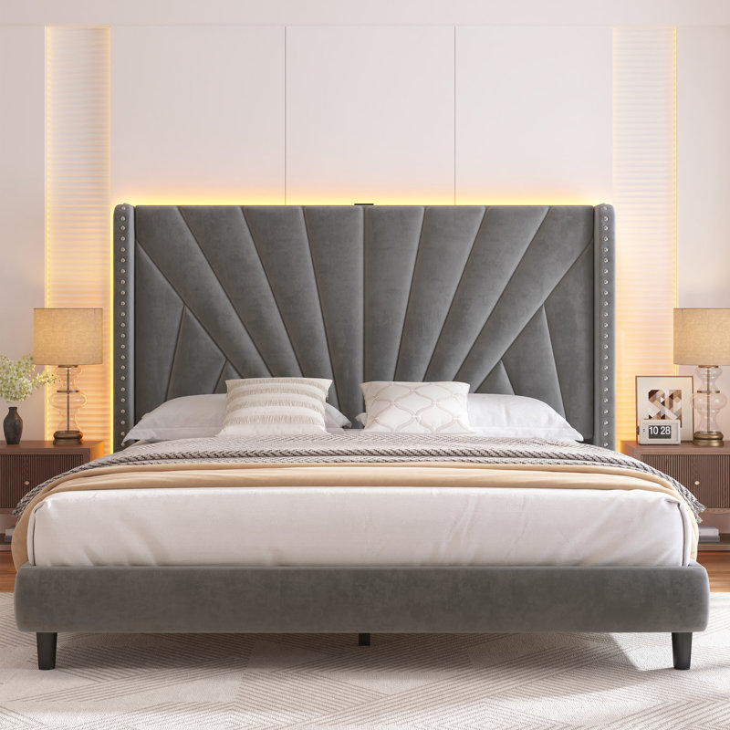 Bed Frame With 51"High Velvet Upholstered  Wingback Headboard, Platform Bed With Charging Station And Led Lights, King, Gray