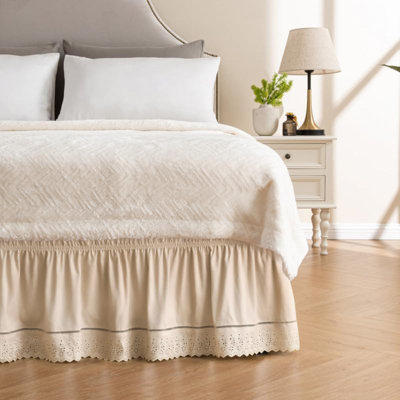 Wrap Around Ruffled Lace Bed Skirt, Elastic Dust Ruffle With Adjustable Belts,Easy To Put On, Bed Frame Cover, Machine Washable (Floral Lace, King/Queen)