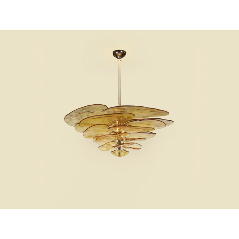 Lustre résidentiel Lilypad, Or antique, H 18 po x l 49 po x P 49 po, Transparent / blanc / ambre