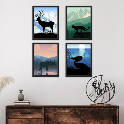 «Moose Mountain Mountain», ensemble de 4 animaux encadrés sur papier, impression encadrée sur papier, 4 pièces