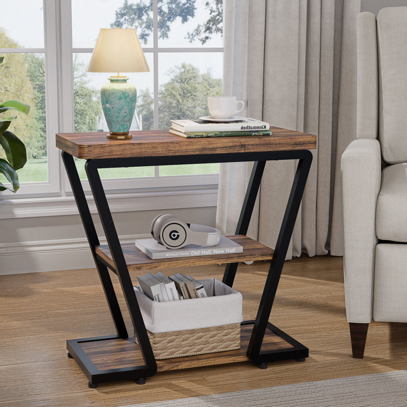 Table de bout étroite, canapé à 3 niveaux avec tablette de rangement, table de chevet en bois et métal pour le salon, brun rustique