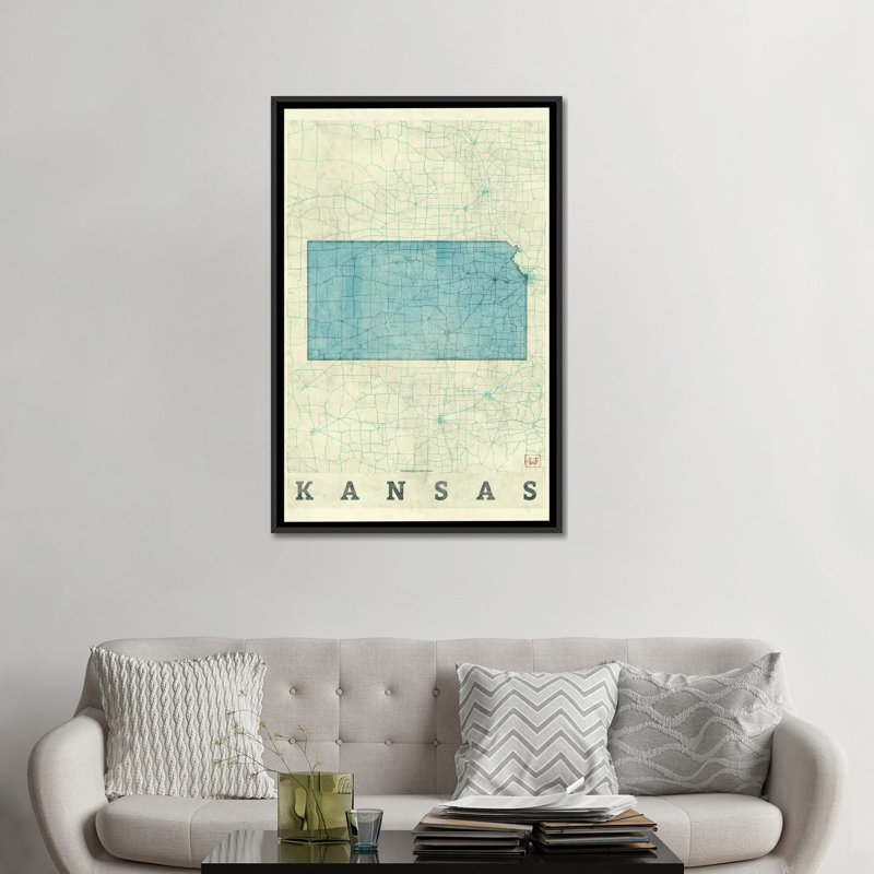 « kansas map », impression sur toile, H 26 po x l 18 po x P 1,5 po, Toile avec cadre noir, Pas de tapis