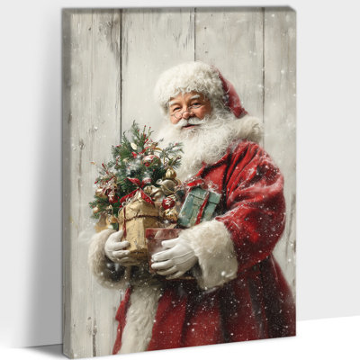 Christmas Wall Art Framed - Santa Pictures Wall Decor, Vintage Christmas Prints, Festive Artwork for Living Room and Bedroom Wall, Wrapped Christmas Painting, Pine Frame, 12×16 inches
