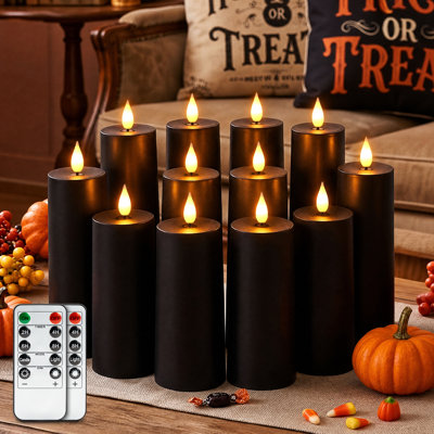 12 Pack Black Elegant Flameless LED Candles With Remote Timer, Realistic Flickering Flame, Battery Operated (Battery Not Included), For Indoor Ornament, Shop Display, Family Parties, Halloween Home Decor& Holiday Gifts, D2.1'' X H 6.5'' 7.5'' 8.5''