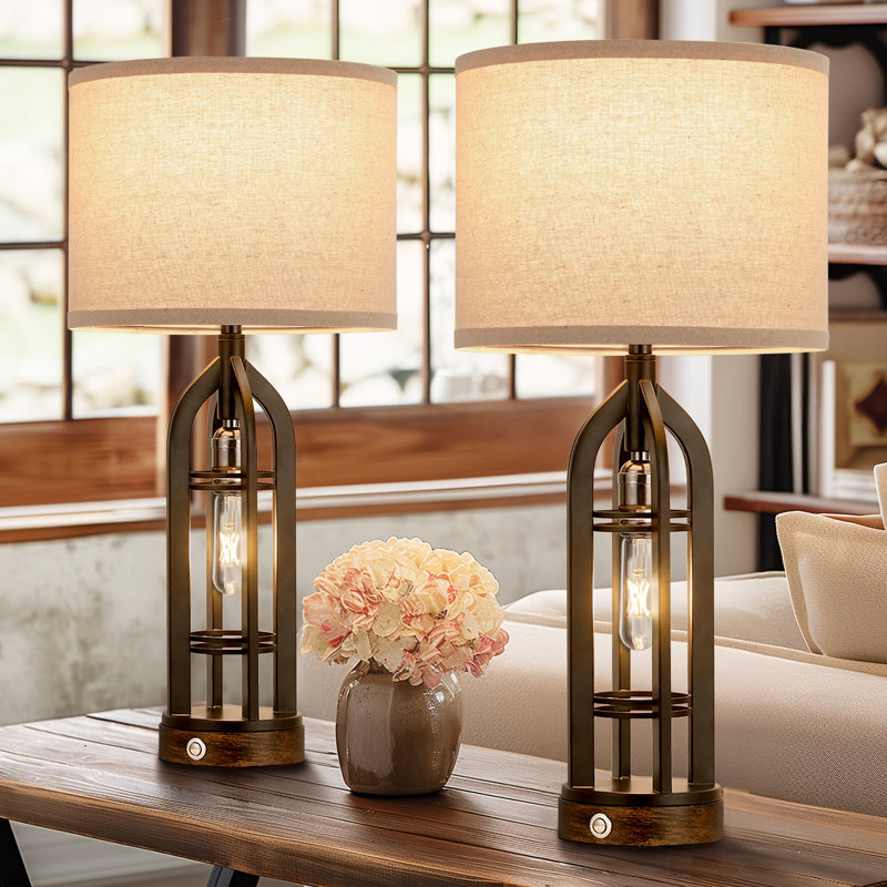 25'' Farmhouse Table Lamp Set with Rotary Socket and USB A&C Ports