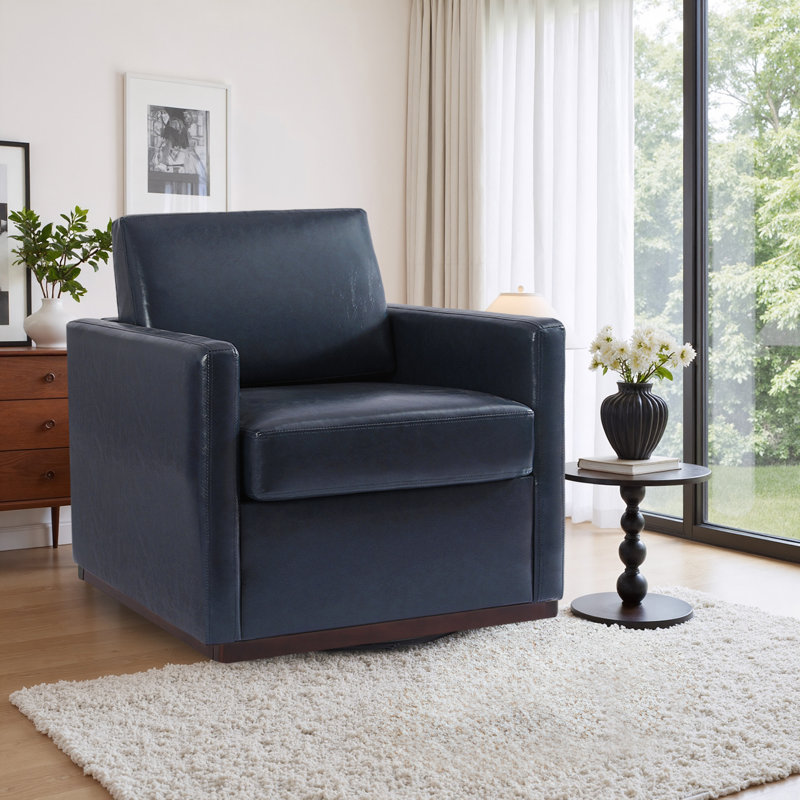 Modern Upholstered Navy Faux Leather Square Swivel Armchair with Matel Base, Navy Faux Leather