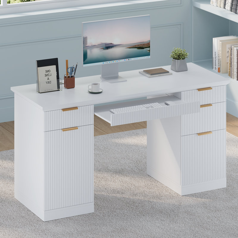 Ato 58" Fluted Modern Desk With Storage, Wood Home Office Desk With 1 File Cabinet, 3 Drawers & Charging Station, White