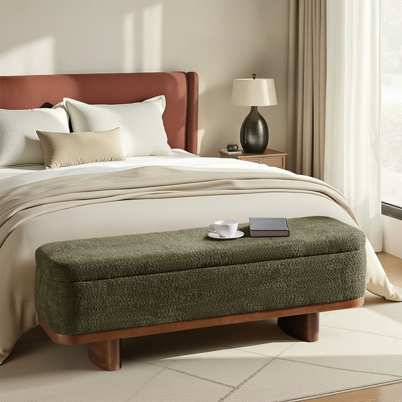 Cheryl Modern 57”W Boucle Simple Assemble Flip Top Storage Bench with Solid Wood Frame, Green