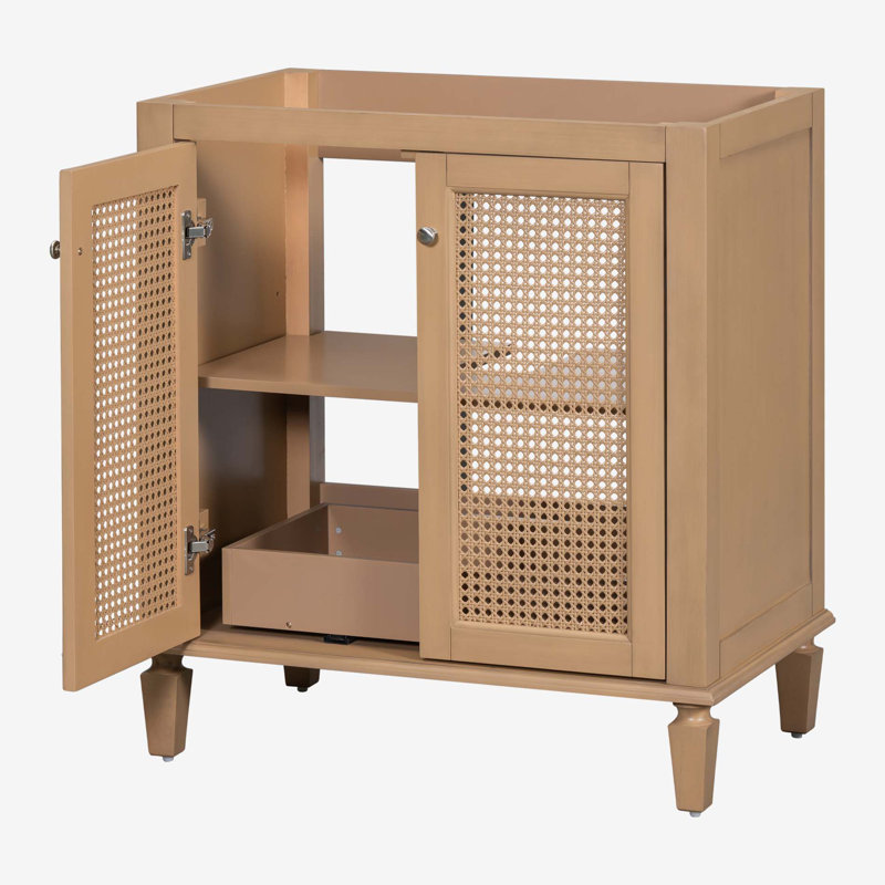30 Inch Light Brown Wood Freestanding Bathroom Vanity with Cane Doors