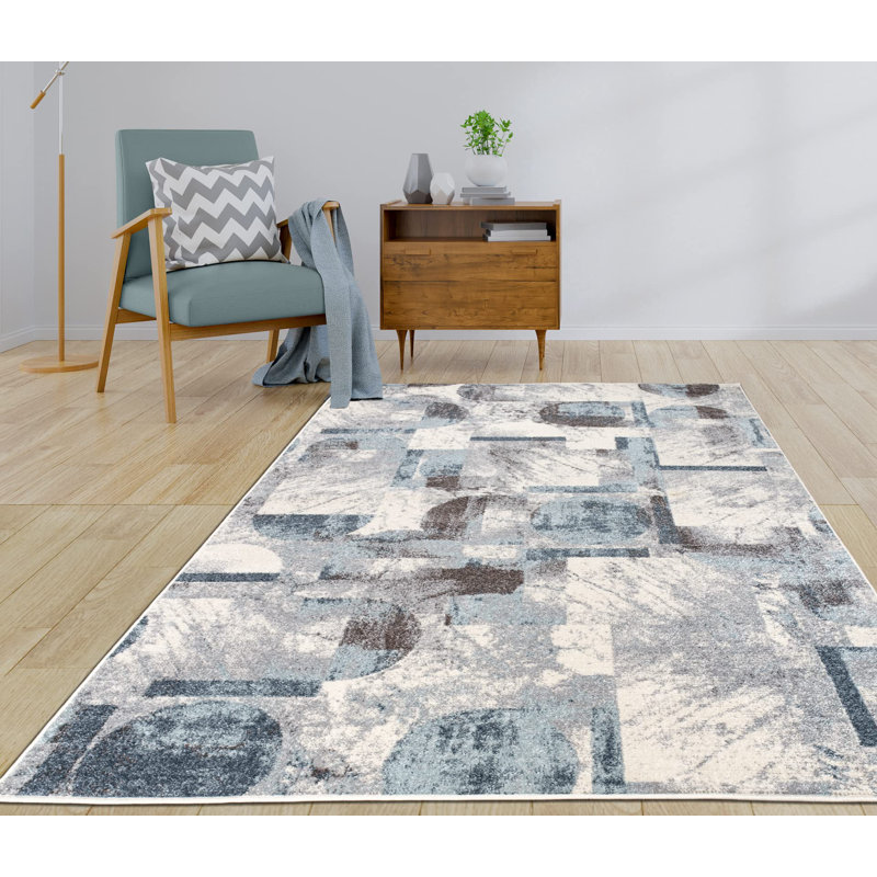 Tapis abstrait moderne et contemporain - Tapis durable pour le salon en bleu, brun et ivoire
