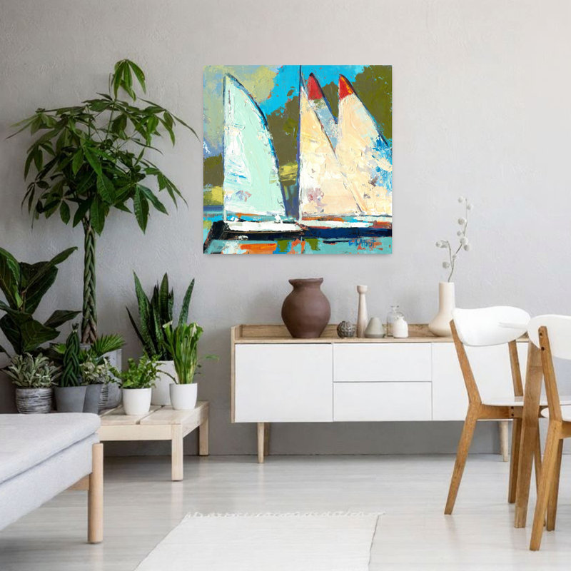 Quatre voiliers, paysage côtier abstrait, H 36 po x l 36 po