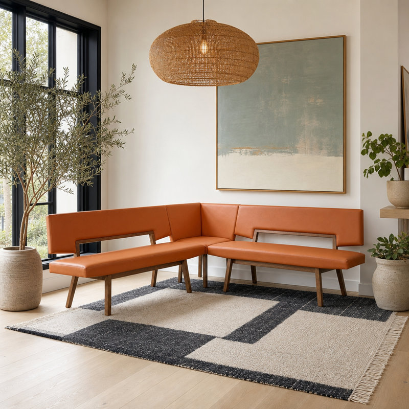 Coin-repas en bois recouvert de similicuir Jeiren de style milieu du siècle, Sunset Orange