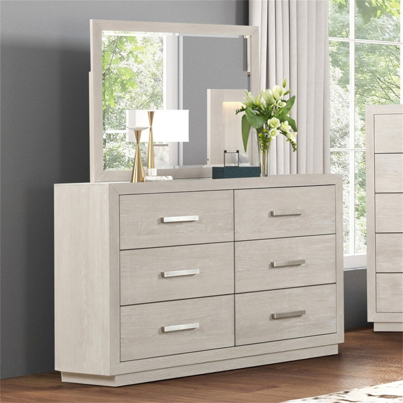 Commode avec miroir gris clair et six tiroirs de rangement