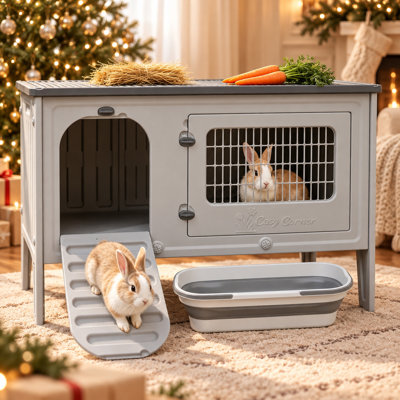 Rabbit Hutch Outdoor Indoor Easy-Clean HDPE Bunny Cage with Drain, Water-resistant, Chew-resistant Plastic Rabbit Cage with 2 Doors
