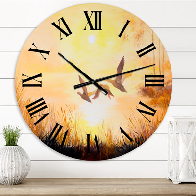 Trois grues volant au coucher du soleil - Horloge murale traditionnelle