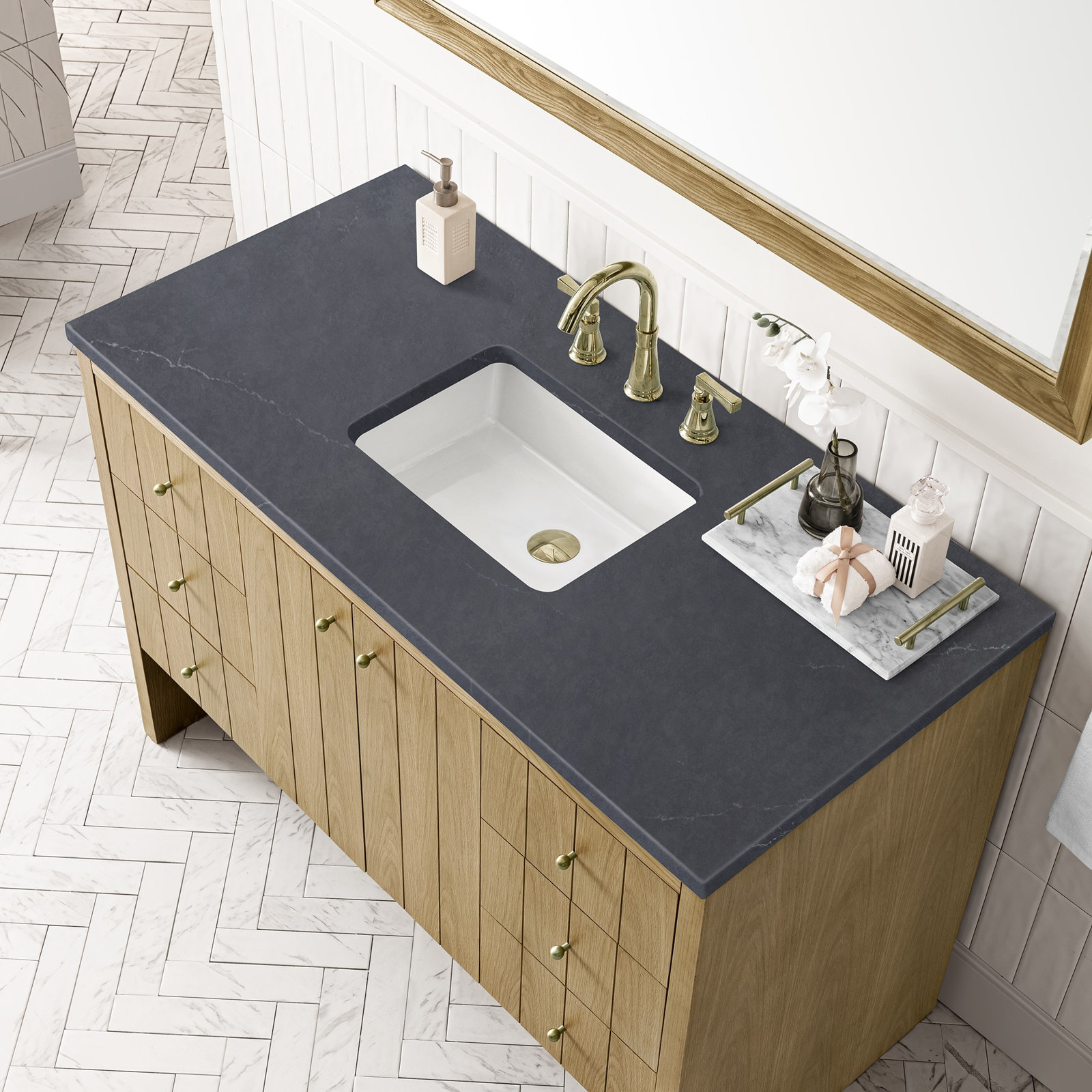 Hudson 48'' Single Bathroom Vanity, Charcoal Soapstone, 8" Widespread, Light Natural Oak