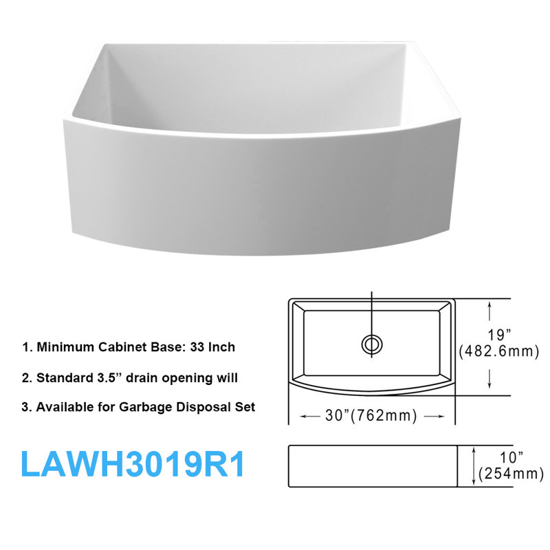 Farmhouse Kitchen Sink with Sink Grid and Drain Assembly, H 10 po x l 30 po x P 19 po