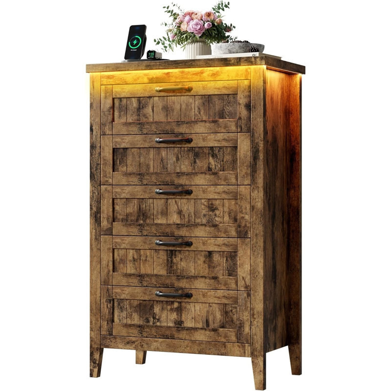 Modern Wood Chest of Drawers Organizer for Bedroom, Closet & Living Room, Space-Saving Dresser with Charging Station & RGB LED Lights