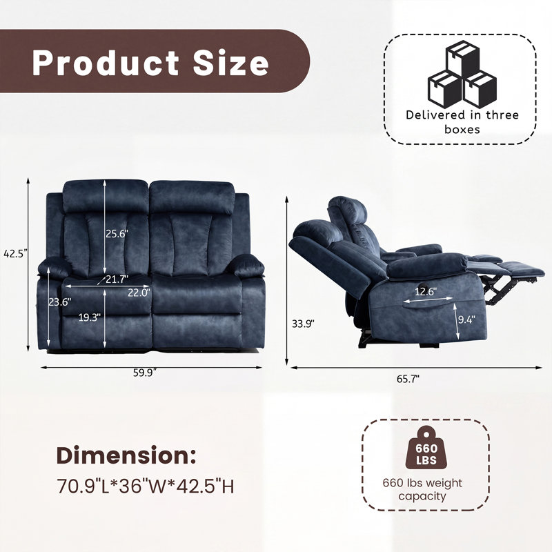 59.9'' Velvet Pillow Top Arm Reclining Loveseat, Blue Velvet