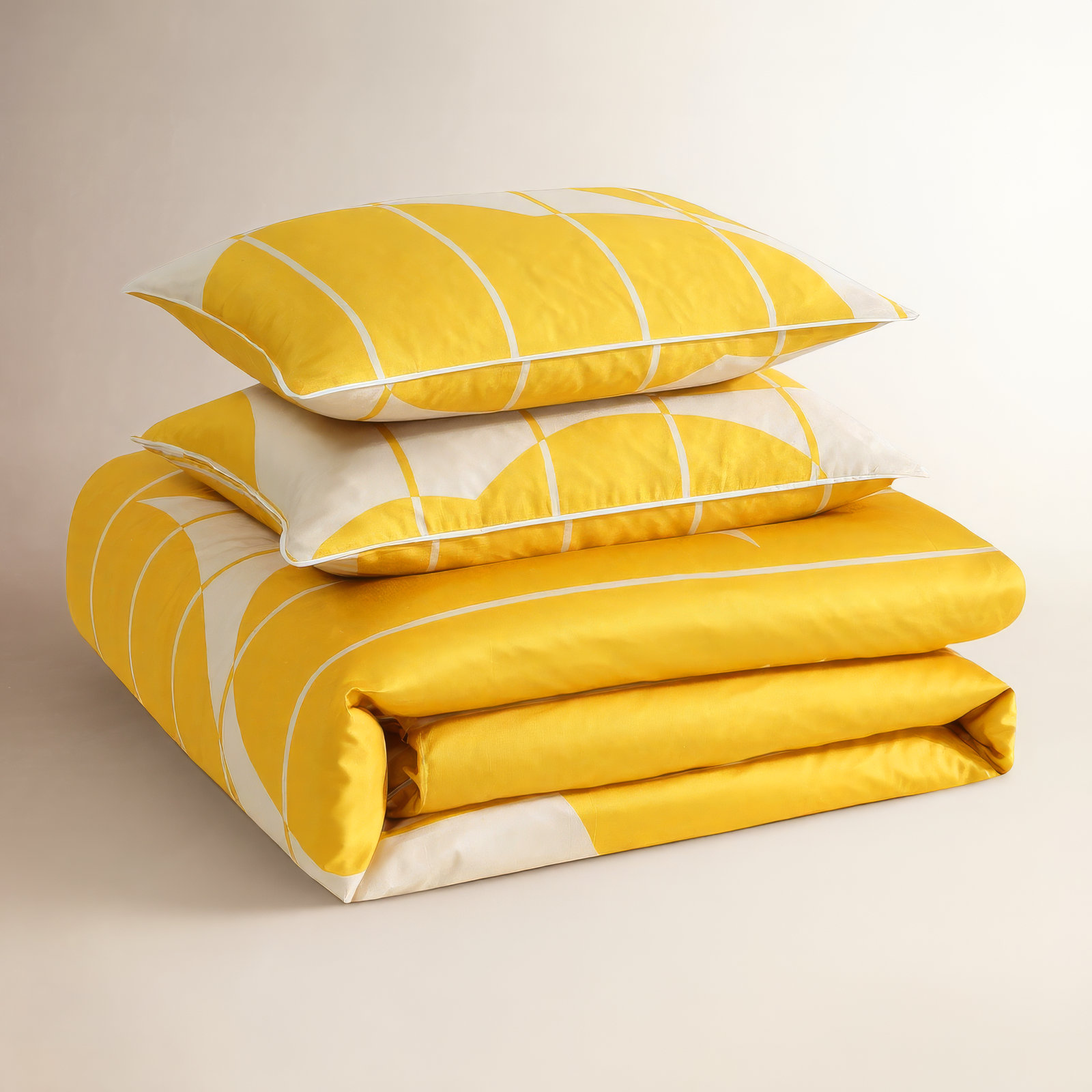 Marimekko Vesi Unikko Cotton Yellow/Beige Duvet Cover Set, Queen Duvet Cover + 2 Standard Shams