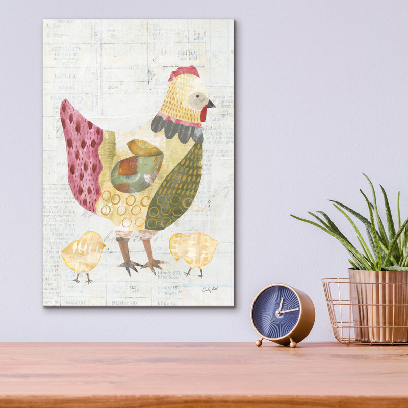  «Patchwork Chickens 3» par Courtney Prahl, art mural en verre, 12 po x 16 po