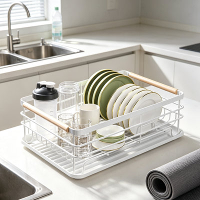 White Dish Drying Rack with Drip Tray & Cutlery Holder