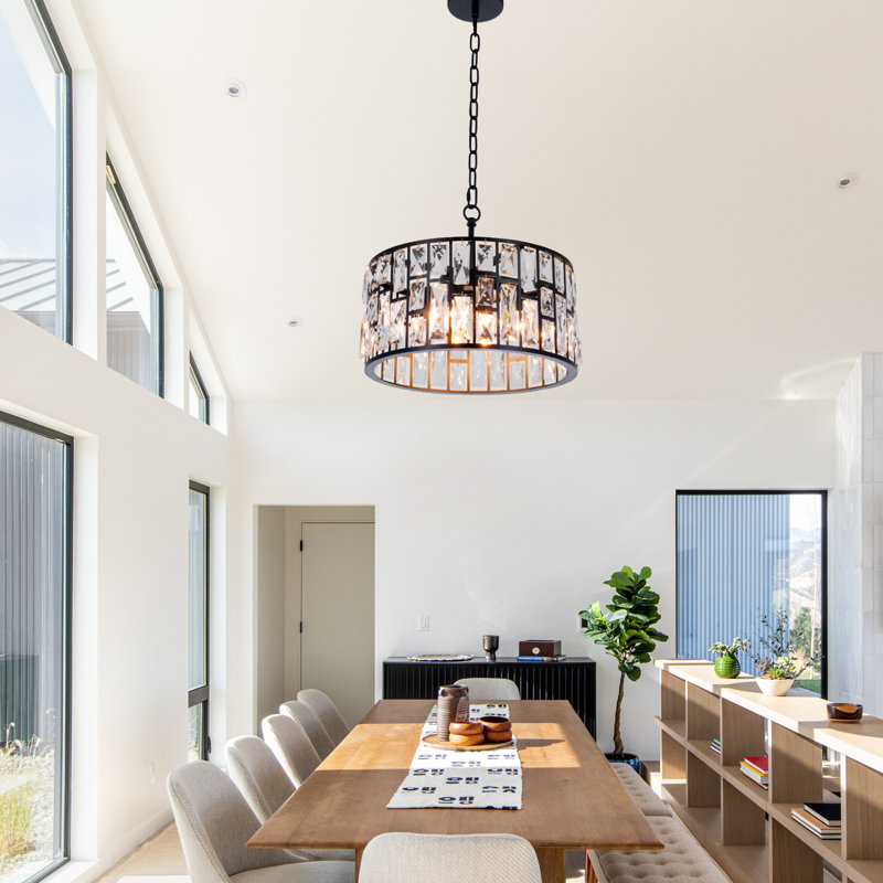 4-Light 15.7" Dimmable Drum Chandelier, Black Farmhouse K9 Crystal Pendant Light for Kitchen Island, Dining Room