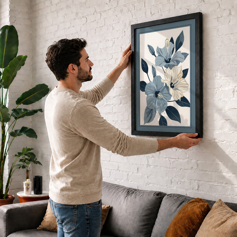 Blue and Cream Blooms Botanical - Framed Print, A2 - 59.4 x 42.0 cm, Unframed