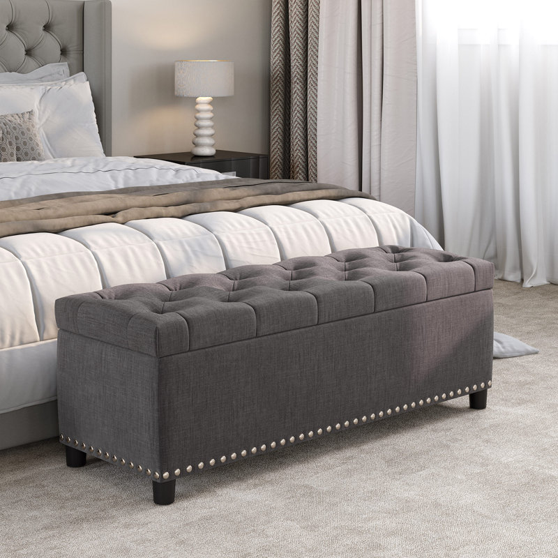 Repose-pieds de rangement rectangulaire capitonné de 46,9 po de largeur, Tissu gris foncé, Noir