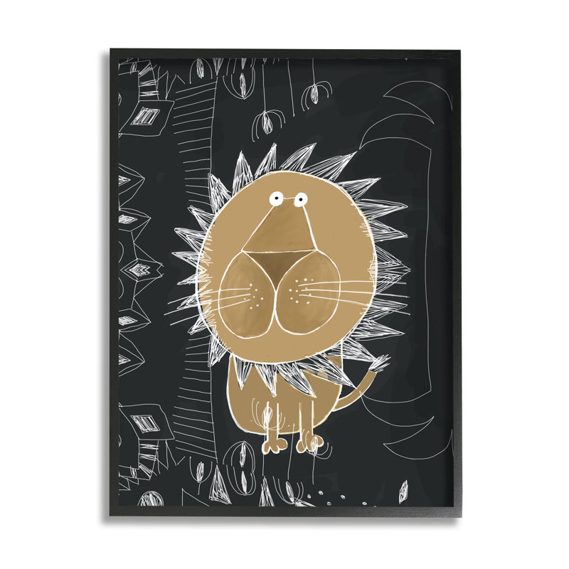 Lion pour enfants, art abstrait de griffonnage, H 20 po x l 16 po x P 1,5 po, Giclée encadrée noir minuit
