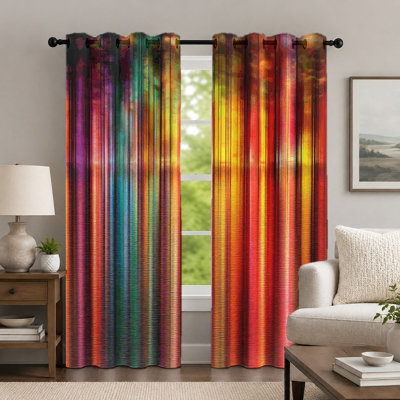 2Pcs Colorful Gradient Vertical Stripe Curtains, Vibrant Rainbow Style Curtain, Artistic Striped Pattern Printed Grommet Drapes, Window Treatment for Bedroom Living Room Decor