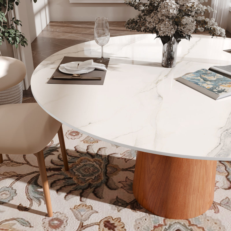 Danner Sintered Stone Top Round Pedestal Farmhouse Kitchen Dining Table, H 29,52 po x L 59,05 po x l 59,05 po, Blanc