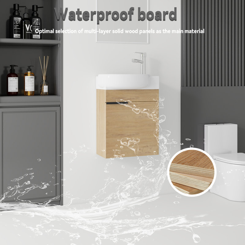 Meuble-lavabo flottant simple 16 po en chêne avec lavabo en céramique et portes à fermeture en douceur, Chêne