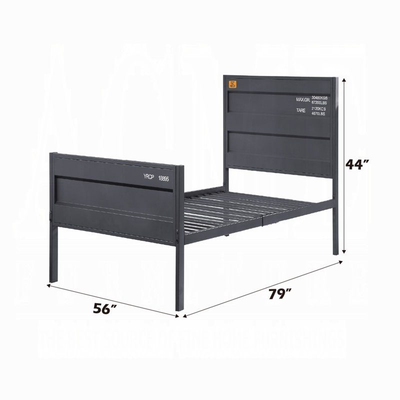 Gunmetal Full Size Metal Bed with Wood Headboard and Drawer