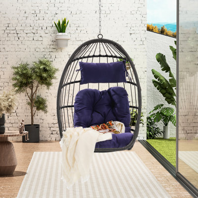 Outdoor Hanging Egg Chair, Dark Blue, With Fabric And Cushion All-weather Chair Swing, Support Soft