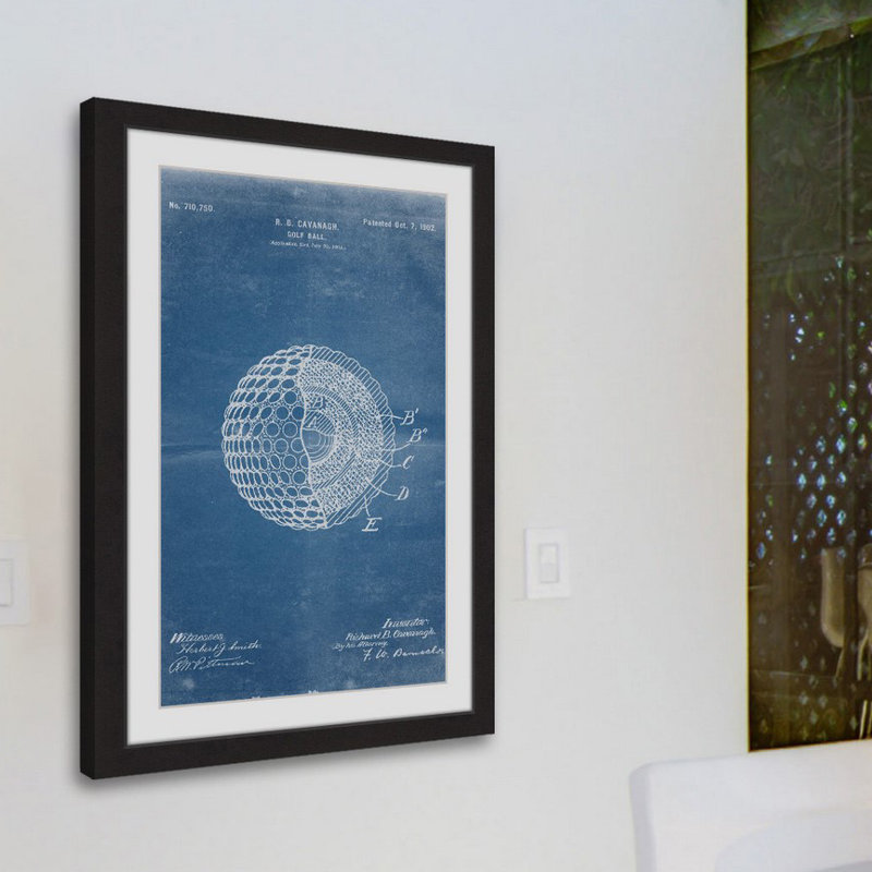 « golf ball 1902 blueprint » par steve king, reproduction d’art encadrée, H 30 po x l 20 po x P 1,5 po