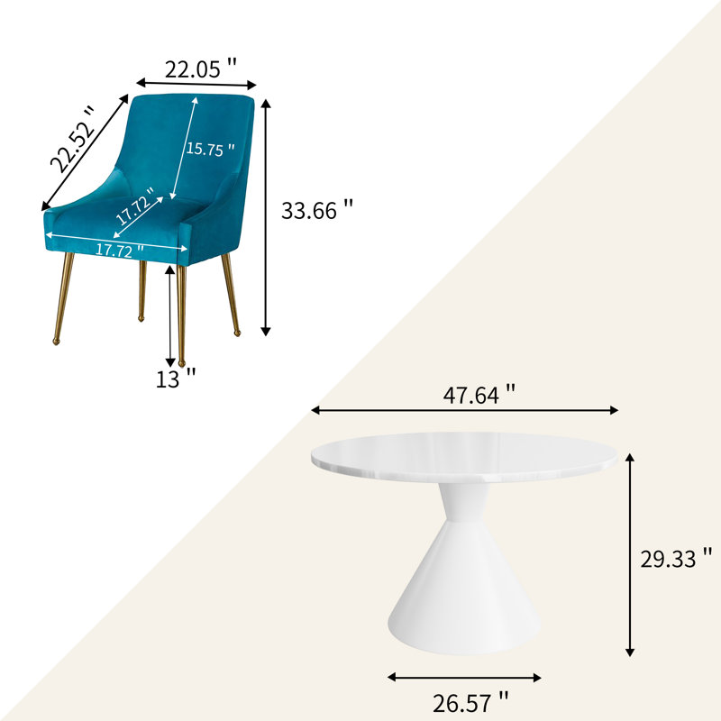 Magallanes 4 - Person Round Table Dining Set with Velvet Dining Chairs, White, Light Blue