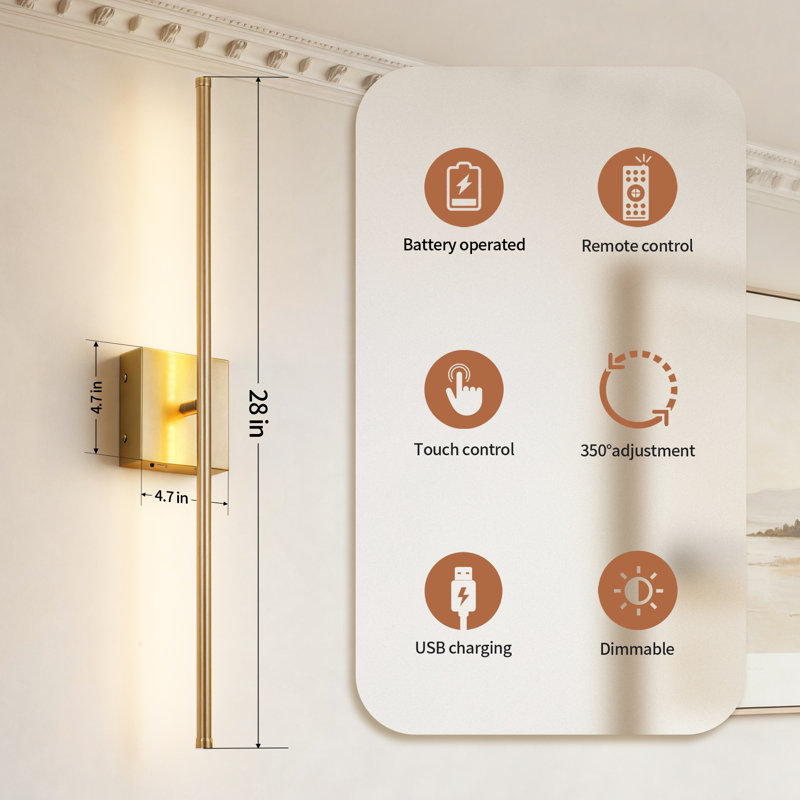 28 Inch Battery Operated Wall Sconces with Remote Control, 3000K Warm White/  Dimmable/ 350° Rotating, 2-Pack, 28 inch, Gold