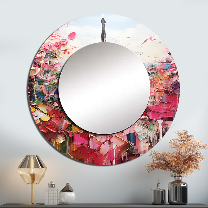 «Paris In Bloom Vintage Collage», décor de miroir mural unique Paris, grand miroir rond rose, impression d'art en métal